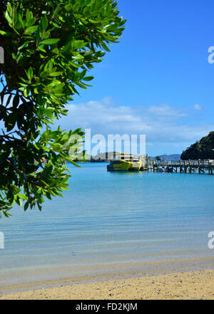 Erkunden Sie den Katamaran am Dock in der Otehei Bay, auf der Insel Urupukapuka und der Bay of Islands für einen Halt zum Mittagessen auf der Hole in the Rock Cruise, Neuseeland Stockfoto