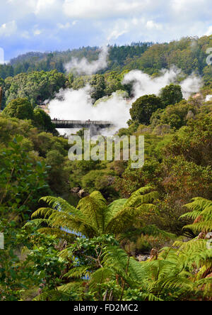 Der Pohutu-Geysir sprudelt und bricht aus mit Touristen, die im Naturpark herumlaufen, um ihn im Te Puia Maori Village, Rotorua, North Island, NZ zu sehen Stockfoto