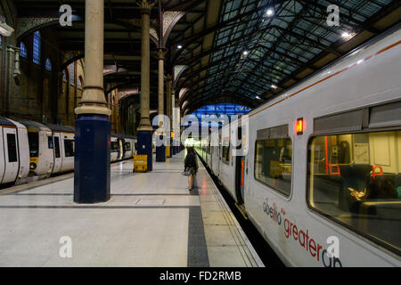 Züge und Plattform und das riesige Dach, Liverpool Street Station in London, England Stockfoto