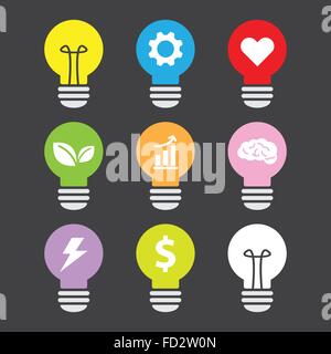[EPS10] Symbolsatz Idee Lampe bunte flachen Stil auf dunklem Hintergrund Stock Vektor