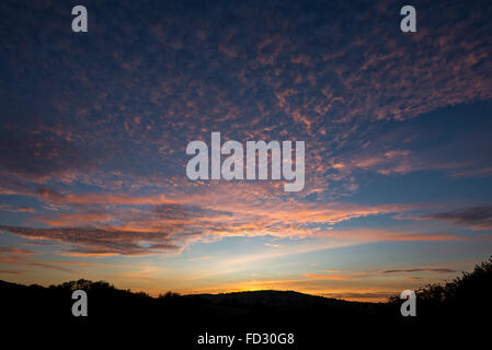 Einen schönen September-Sonnenuntergang mit hohen Wolkenfetzen das letzte Sonnenlicht fangen. Stockfoto