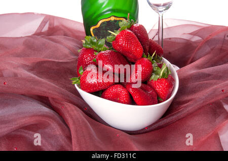 Champagner und Erdbeeren in Schüssel Stockfoto