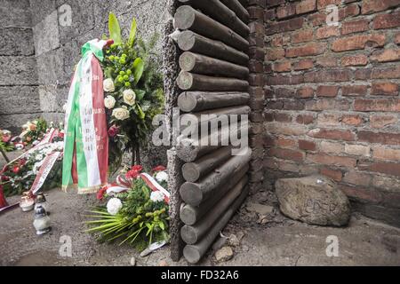 Oswiecim, Kleinpolen, Polen. 27. Januar 2016. Auf der rechten Seite ein Stein mit einer geschnitzten Worte '' Nie Wieder'', '' nie wieder '' in der blühenden Tod Wand neben dem 11 Verlegung blockieren in das Konzentrationslager Auschwitz, während der Feierlichkeiten zum 71. Jahrestag der Befreiung von Auschwitz in Oswiecim Dorf, Polen. © Celestino Arce/ZUMA Draht/Alamy Live-Nachrichten Stockfoto