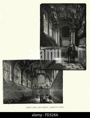 Vintage Gravur des Hampton Court Palace Rittersaal und Kapelle, London, England. 1893. Stockfoto