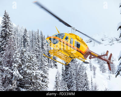 Hubschrauber fliegt Backcountry Skifahrer nach entfernten Mount Carlyle Lodge; Selkirk Mountains; Britisch-Kolumbien; Kanada Stockfoto