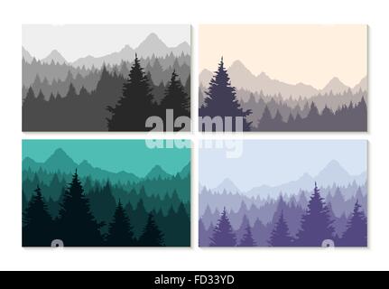 Winter Wald und Berge Landschaft Silhouette Set, Konzept Natur Illustrationen. EPS10 Vektor. Stock Vektor