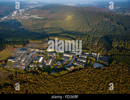 Luftaufnahme, Flüchtlingszentrum im ehemaligen Siegerland-Kaserne in Burbach, Misshandlung von Flüchtlingen von den Sicherheitsdiensten Stockfoto
