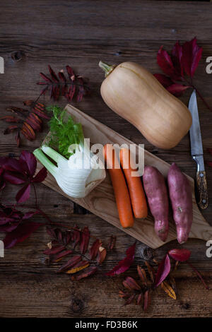 Butternut-Kürbis, Süßkartoffeln, Karotten und Fenchel als Zutaten für die Kürbissuppe Stockfoto