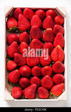 Erdbeere in Holzkiste auf weißem Hintergrund Stockfoto