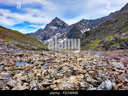Farbsteine in die Richtung von einem Bergbach gesichtet. Knusprige crustose Flechten auf den Felsen. Östlichen Sayan. Russland Stockfoto