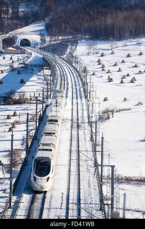 (160128)--CHANGCHUN, 28. Januar 2016 (Xinhua)--A Bullet-Train fährt aus einem Tunnel in Jiaohe City, Nordost-China Jilin Province, 26. Januar 2016. Eine 350 Kilometer langen Hochgeschwindigkeits-Eisenbahn Verknüpfung von Jilin City und Yingkou Stadt, zwei Städte in der Provinz Jilin, startete seinen Betrieb im September letzten Jahres. Die Linie heißt "Nordost-Chinas schönsten Hochgeschwindigkeits-Eisenbahnstrecke" sein, wie es viele Aussichtspunkte von Jilin durchläuft. Während der Spring Festival Reisen Rush, die am 24. Januar startete, wird die Linie voraussichtlich über 800.000 Passagiere transportieren. Frühling Festival, Chinas wichtigste Feiertag centeri Stockfoto