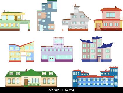 modernes Stadthaus Cottage und verschiedene Immobilien bunte flache Bauset isoliert Vektor-illustration Stock Vektor