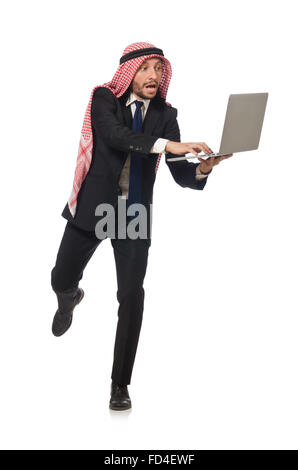 Der arabische Geschäftsmann mit Computer auf weiß Stockfoto