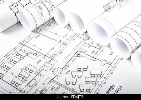Architektonische Blaupause Rollen Stockfoto