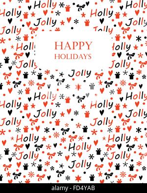 Weihnachten Hintergrund mit Holly Jolly Schriftzug, Schneeflocken, Geschenkboxen, Bögen. Handgezeichneten Entwurf für einen Winterurlaub. Stock Vektor