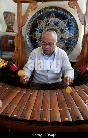 Wat Velouvanaram.  Laotische Volksmusik.  Xylophon Lanat. Stockfoto