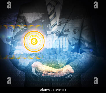 Geschäftsmann auf abstrakte blauem Hintergrund Stockfoto