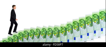 Isolierte Konzept Schuss eines dynamischen ehrgeizige Geschäftsmann Banknoten als Treppe des Erfolgs erklimmen Stockfoto