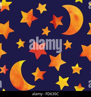 Nahtlose Muster mit Mond und Sternen. Aquarelleffekt. Vektor-Illustration. Stock Vektor