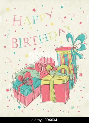 Happy Birthday Card mit Hand gezeichnet Geschenkboxen. Vektor-Illustration. Stock Vektor