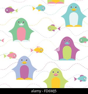 Pinguin und Fisch Musterdesign. Kindisch Hintergrund. Ferien-Design. Vektor-Illustration. Stock Vektor