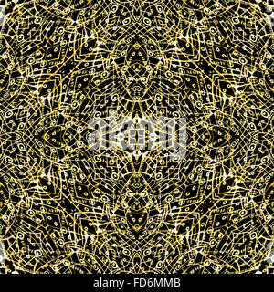 Digitale Kunst Technik Stil moderne geometrische ethnischen oder Stammes-abstrakte komplizierte Musterdesign in gelben und schwarzen Tönen. Stockfoto