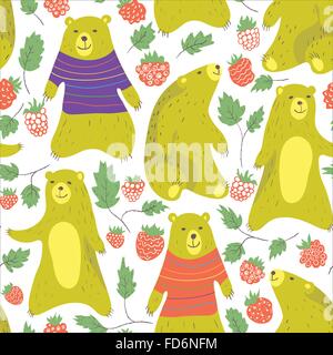 Niedliche Bären und Himbeer Musterdesign im Cartoon-Stil. In Pullover tragen. Vektor-Illustration. Stock Vektor