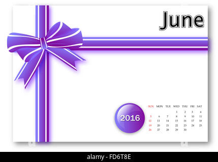 Juni 2016 - Kalender-Serie mit Geschenk Ribbon design Stockfoto