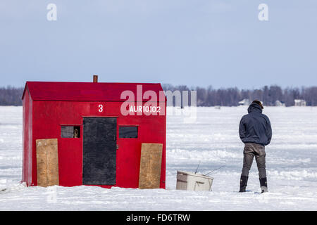 Eis-Fischerhütte am Lake Simcoe mit einer Person mit Rücken zur Kamera. Stockfoto