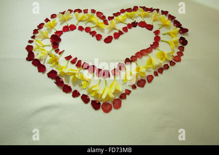 Hotel Zimmer mit Himmelbett und Blumen Herzen, Herzen, Blumen, gemacht Doppelbett, Tourismus, Reisen, Ubud, Bali, Stockfoto