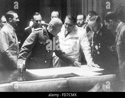 Hitler, Mussolini, Göring, Ciano, Himmler und Hess am Verhandlungstisch während der Münchner Konferenz 1938 Stockfoto