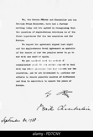 Gemeinsame Stellungnahme von Hitler und Chamberlain nach dem Münchner Abkommen 1938 Stockfoto