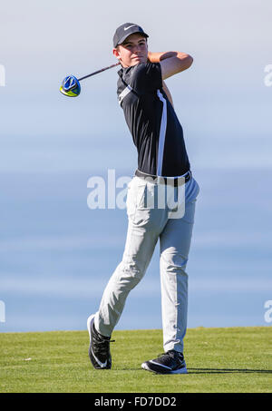 San Diego, Kalifornien, USA. 28. Januar 2016. Jeff Karlsson auf der 13. Teebox Nord-Parcours in der ersten Runde von den Bauern Insurance Open in Torrey Pines Golf Course in San Diego, Kalifornien. Justin Cooper/CSM/Alamy Live-Nachrichten Stockfoto