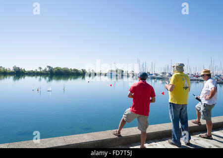 Gruppe von älteren Männern racing mit remote gesteuerten kleine Segelboote an einem hellen Sommertag in einer Marina. Stockfoto
