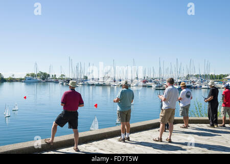 Gruppe von älteren Männern racing mit remote gesteuerten kleine Segelboote an einem hellen Sommertag in einer Marina. Stockfoto