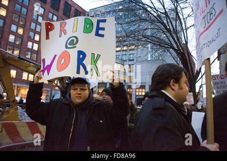 New York, USA. 28. Januar 2016. Aktivisten Rallye zur Unterstützung der Arbeiter in Brod Küche Bäckerei in Manhattan. Bildnachweis: M. Stan Reaves/Alamy Live-Nachrichten Stockfoto