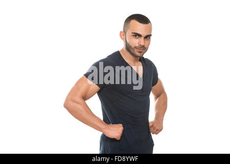 Schwarzes T-Shirt auf einen jungen Mann Vorlage auf weißem Hintergrund Stockfoto