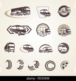 Firmenlogos mit Oldtimer Autos und Lastwagen Silhouetten Stock Vektor
