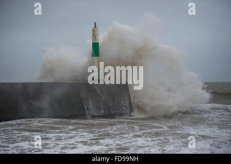 Aberystwyth, Wales, UK. 29. Januar 2016. Sturm-Gertrude trifft die Westküste von Wales bei Flut am Freitagmorgen, riesige Wellen zu Teig bringen das Meer entlang der Promenade und Hafen Amber Abwehrkräfte und rote Wetterwarnungen gibt es bei vielen westlichen und nördlichen Teilen des Vereinigten Königreichs, mit Windgeschwindigkeiten bis zu 100 km/h in den Shetland-Inseln im äußersten Norden Schottlands Foto Credit gust voraussichtlich : Keith Morris/Alamy Live-Nachrichten Stockfoto