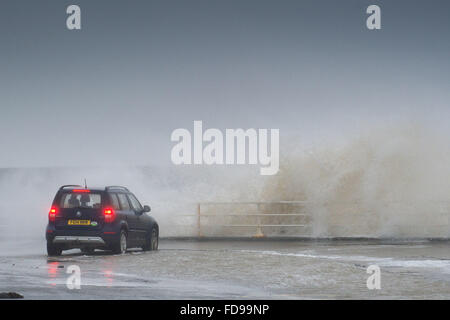 Aberystwyth, Wales, UK. 29. Januar 2016. Sturm-Gertrude trifft die Westküste von Wales bei Flut am Freitagmorgen, riesige Wellen zu Teig bringen das Meer entlang der Promenade und Hafen Amber Abwehrkräfte und rote Wetterwarnungen gibt es bei vielen westlichen und nördlichen Teilen des Vereinigten Königreichs, mit Windgeschwindigkeiten bis zu 100 km/h in den Shetland-Inseln im äußersten Norden Schottlands Foto Credit gust voraussichtlich : Keith Morris/Alamy Live-Nachrichten Stockfoto