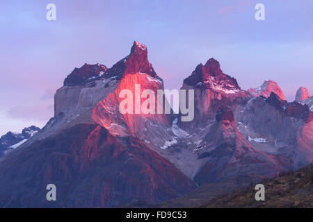 Sonnenaufgang über dem Cuernos del Paine, Torres del Paine Nationalpark, chilenischen Patagonien, Chile Stockfoto