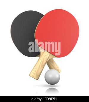 Zwei Tischtennis-Schläger und einen Ball 3D Illustration auf weißem Hintergrund Stockfoto