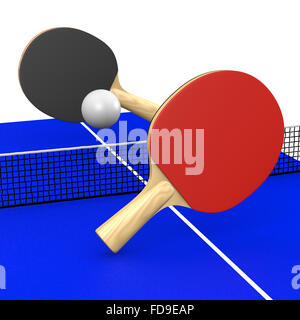 Zwei Tischtennis-Schläger und Ball ein Spiel auf einem blauen Tabelle 3D Illustration Stockfoto