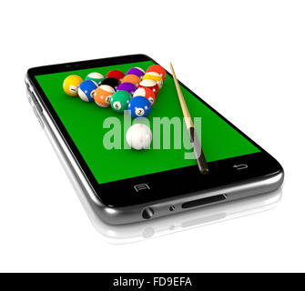 Billardtisch mit Kugeln und Cue auf Smartphone-Display 3D Illustration auf weißem Hintergrund, Sport und Spiele-App Stockfoto