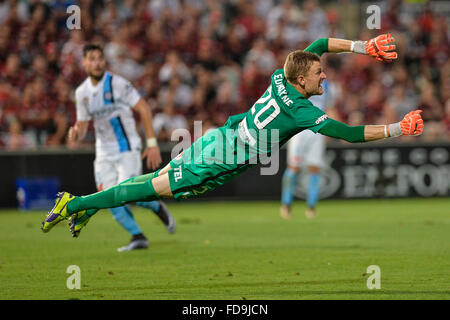 Pirtek Stadion, Parramatta, Australien. 29. Januar 2016. Hyundai A-League. Western Sydney Wanderers V Melbourne City. Wanderers Torwart Andrew Redmayne blockt spektakuläre. Bildnachweis: Aktion Plus Sport/Alamy Live-Nachrichten Stockfoto