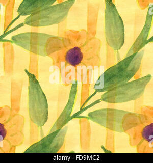 Aquarell gelb grüne Blume Muster nahtlos floraler Hintergrund Illustration Tapete Vintage Kunst Frühlingsblumen Stockfoto