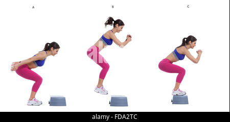 Schritt-für-Schritt-Anleitung: mit Ihren Beinen und Schultern auseinander, springen Sie auf den Schritt. (A), (B) Sobald Sie richtig auf der Stufe g landen Stockfoto