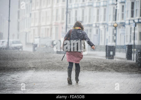 Aberystwyth, Wales, UK. 29. Januar 2016.   Eine Frau macht einen Bindestrich für Tierheim im strömenden Regen als Sturm Gertrude Treffer Aberystwyth an der Westküste von Wales Amber und rot Wetterwarnungen gibt es bei vielen westlichen und nördlichen Teilen des Vereinigten Königreichs, mit Windgeschwindigkeiten bis zu 100 km/h in den Shetland-Inseln im äußersten Norden Schottlands gust voraussichtlich. Bildnachweis: Keith Morris/Alamy Live-Nachrichten Stockfoto