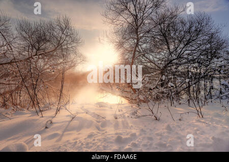 Sonnigen Wintermorgen am Fluss Swislotsch, Weißrussland Stockfoto