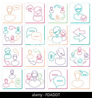 Kommunikation-Symbole set mit Mann und Frau abstrakten linearen Avatare. Social-Media-Netzwerk-Verbindung-Konzept. Vektor-illustration Stock Vektor